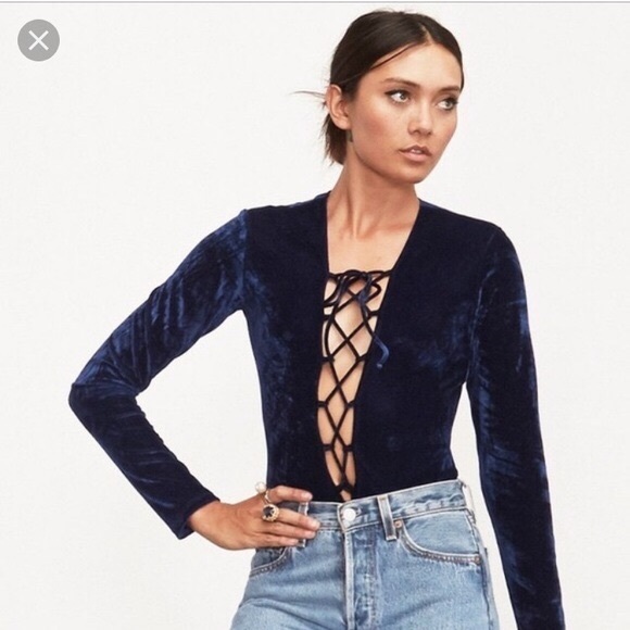 Reformation Blue Velvet Lace-up Bodysuit XS - Picture 2 of 5
